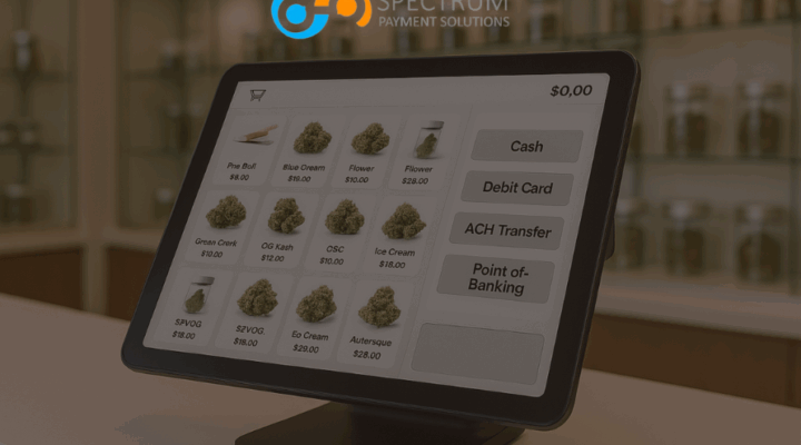 Cannabis payment processing POS system with multiple payment options - cash, debit, ACH, and point-of-banking solutions for dispensary transactions