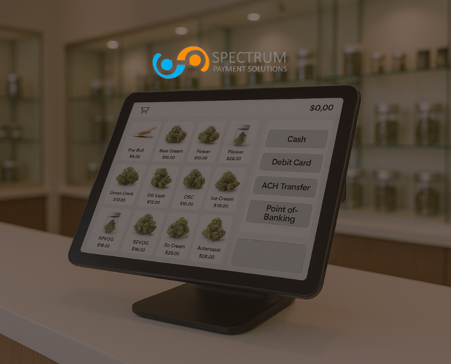 Cannabis payment processing POS system with multiple payment options - cash, debit, ACH, and point-of-banking solutions for dispensary transactions