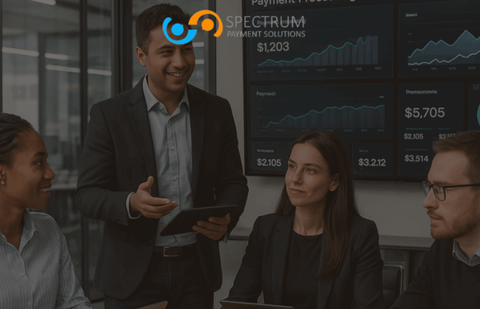 Diverse payment processing team collaborating in modern office with payment analytics dashboards showing industry growth and transaction data