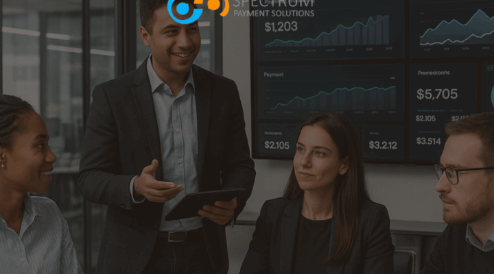 Diverse payment processing team collaborating in modern office with payment analytics dashboards showing industry growth and transaction data