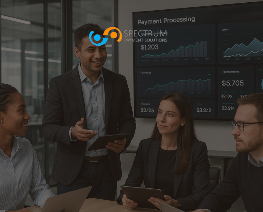 Diverse payment processing team collaborating in modern office with payment analytics dashboards showing industry growth and transaction data