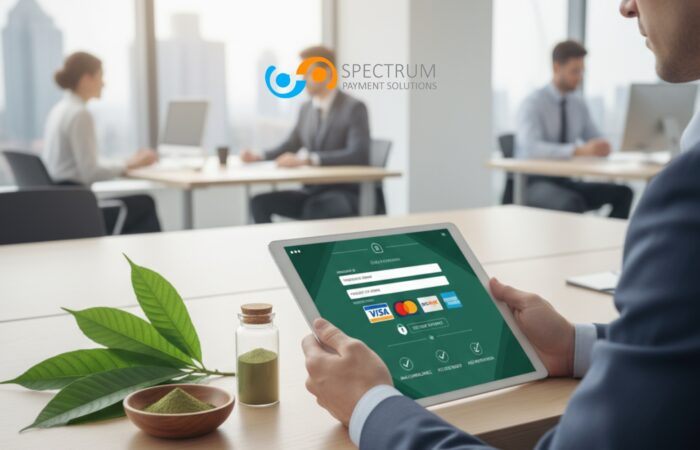 Professional kratom merchant using secure payment processing tablet with kratom leaves and powder on desk, representing kratom merchant payment processing solutions