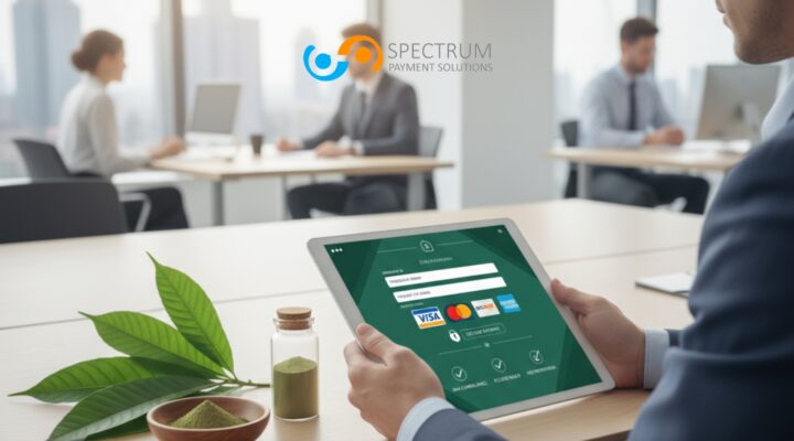 Professional kratom merchant using secure payment processing tablet with kratom leaves and powder on desk, representing kratom merchant payment processing solutions