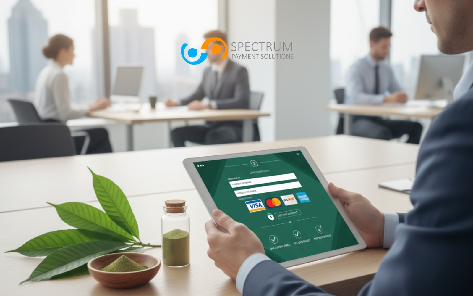 Professional kratom merchant using secure payment processing tablet with kratom leaves and powder on desk, representing kratom merchant payment processing solutions
